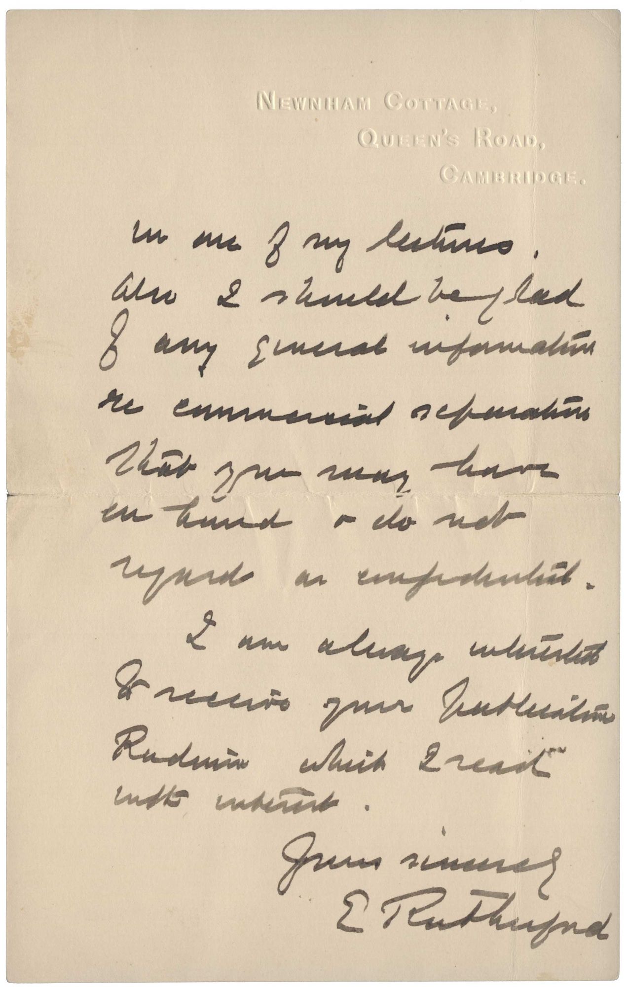 Autograph letter signed ‘E Rutherford’ to Charles Herman Viol, 8 ...